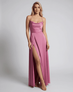 Sorrento Maxi Dress by Lauven – Elegant pink satin slip maxi dress with high slit and delicate adjustable straps.