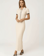 Sorrento Maxi Dress by Lauven, a women's beige ribbed knit dress with collared button detail.