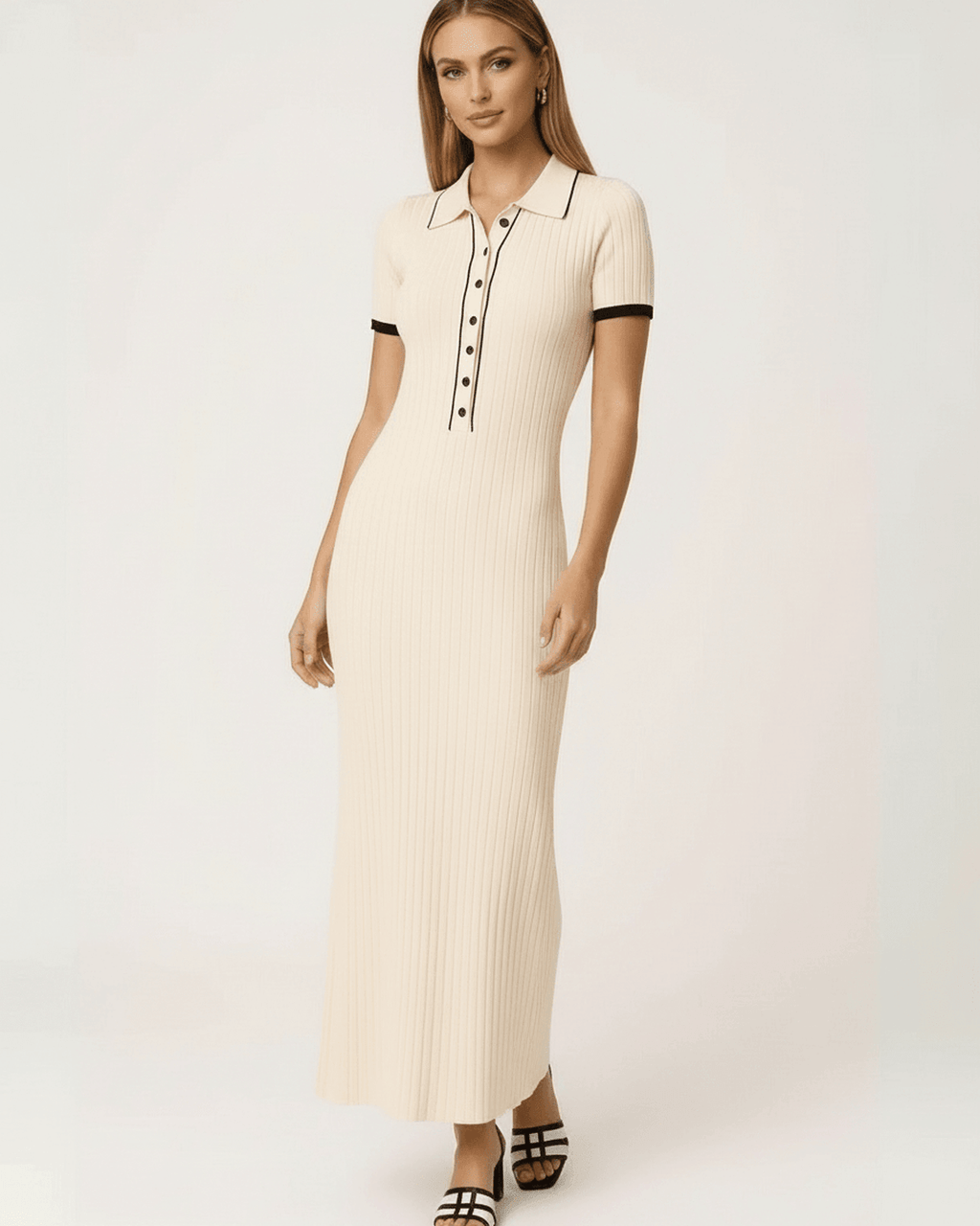 Sorrento Maxi Dress by Lauven, women’s beige ribbed knit maxi dress with collared button detail.