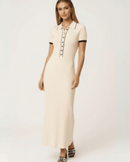 Sorrento Maxi Dress by Lauven, women’s beige ribbed knit maxi dress with collared button detail.