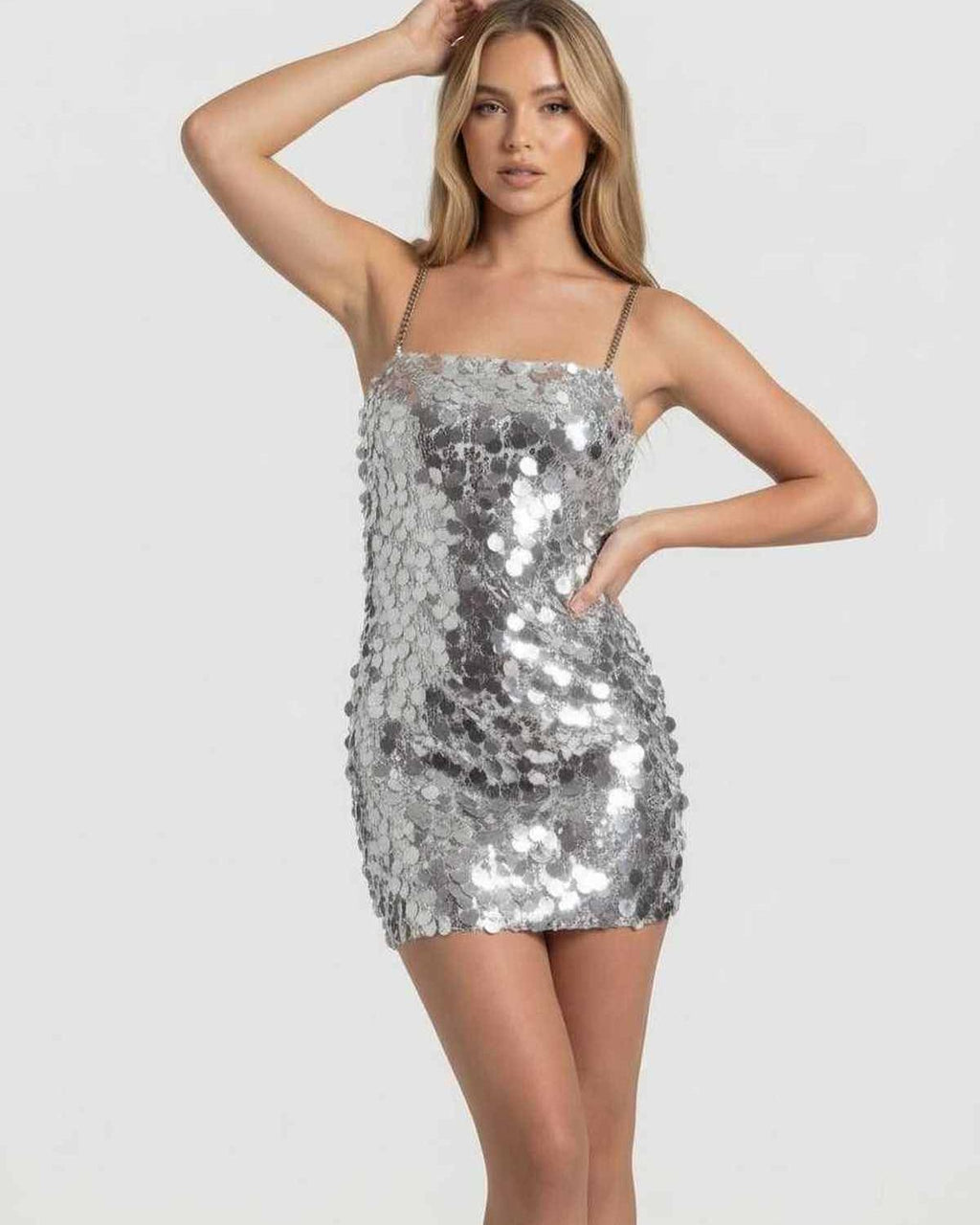 Sterling Mini Dress with silver sequins, chain strap, bodycon silhouette by Lauven, perfect for standout evening styling.