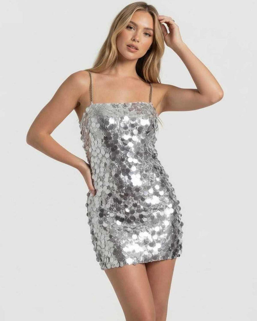 Sterling Mini Dress by Lauven, silver sequin bodycon silhouette with chain straps, perfect for stunning evening looks.