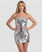 Sterling Mini Dress by Lauven, silver sequin bodycon with chain straps, perfect for radiant evening wear.