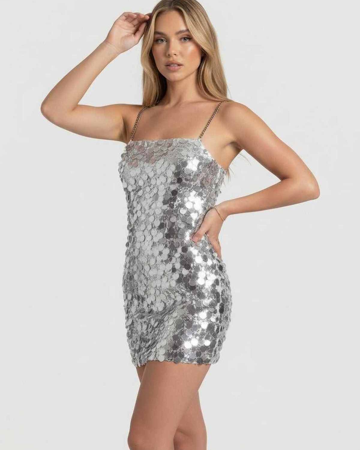 Sterling Mini Dress | Silver sequin bodycon silhouette with chain straps from Lauven for a radiant evening look.
