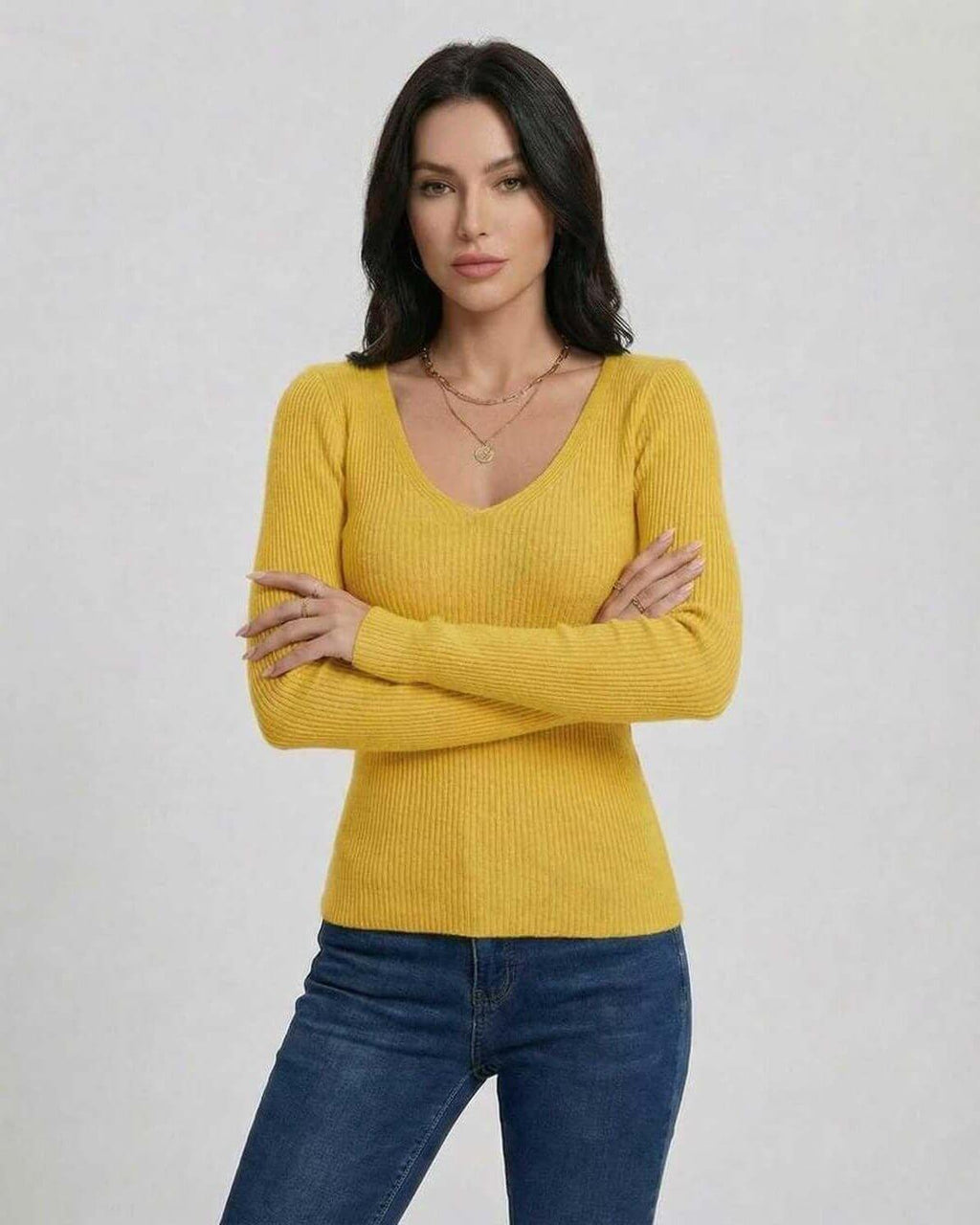 Sunbeam Pullover by Lauven - Women’s vibrant V-neck pullover sweater in yellow, featuring slim fit and long sleeves.