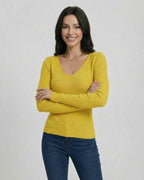 Lauven Sunbeam Pullover - Women’s V-Neck Slim Fit Sweater in vibrant yellow, ideal for casual and stylish looks.
