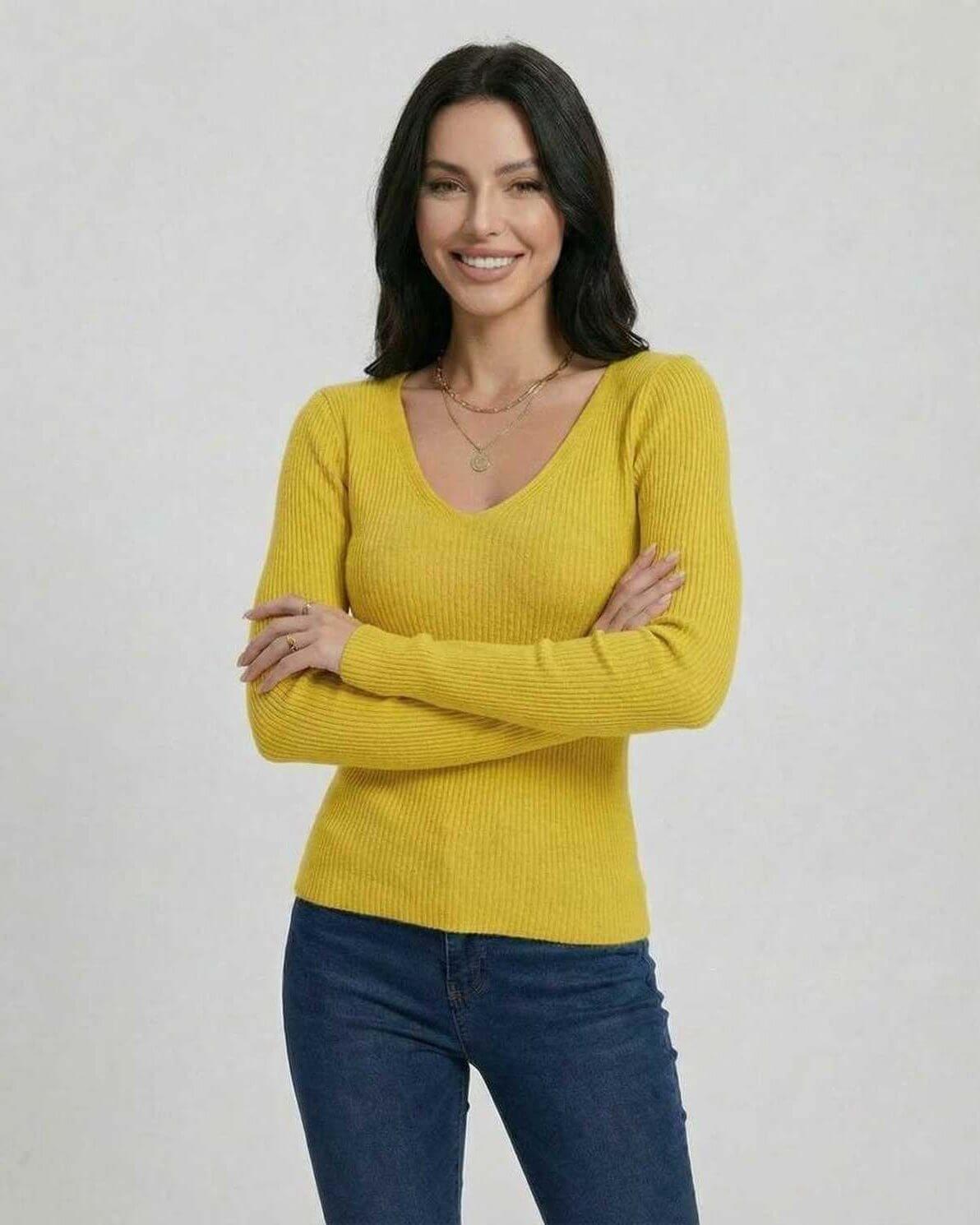 Lauven Sunbeam Pullover - Women’s V-Neck Slim Fit Sweater in vibrant yellow, ideal for casual and stylish looks.