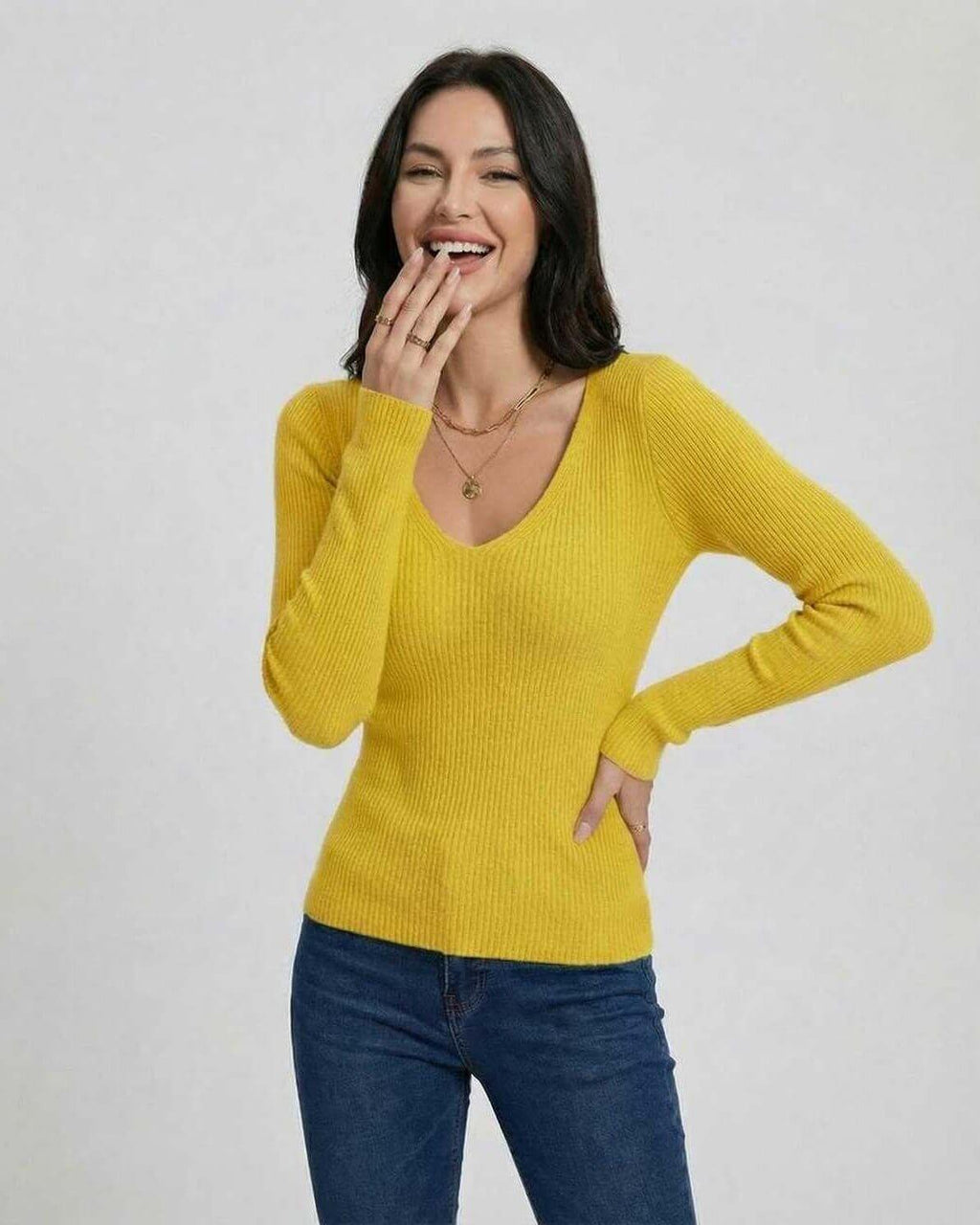 Sunbeam Pullover by Lauven – Women's vibrant V-neck long sleeve pullover sweater in yellow.
