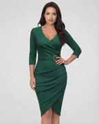 Sylva Midi Dress by Lauven - Elegant Deep Green V-Neck Sheath Dress with Belted Waist