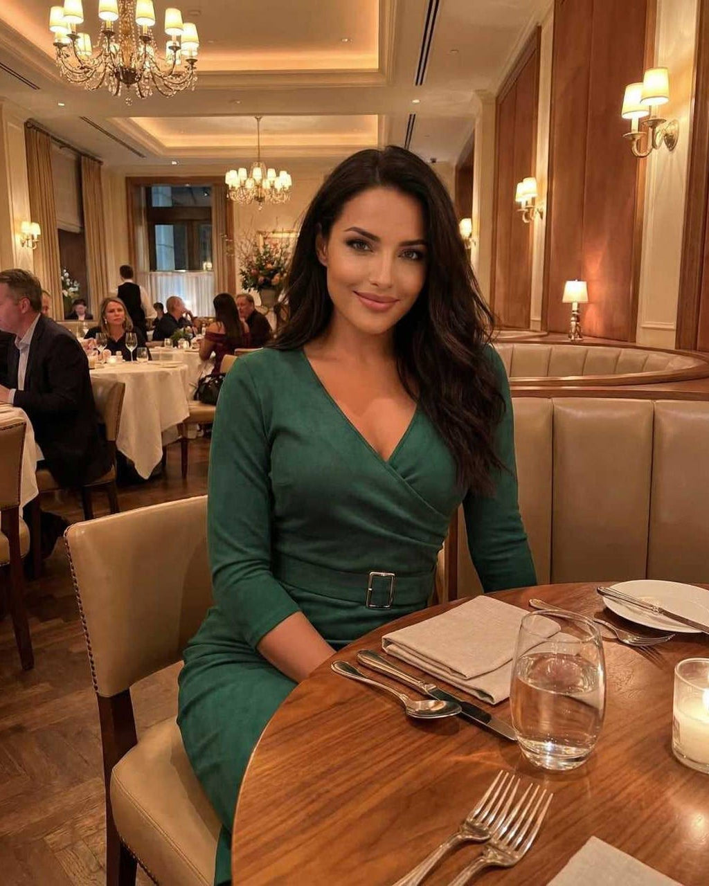 Sylva Midi Dress by Lauven - Elegant deep green V-neck sheath dress with belted waist, worn in a stylish restaurant setting.