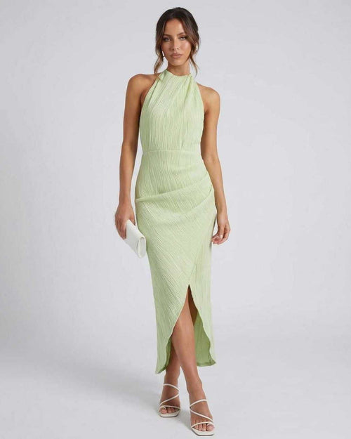 Lauven Sylva Midi Dress featuring a unique split pleated neckline and a slim maxi silhouette in light green.