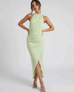 Lauven Sylva Midi Dress in light green with unique split pleated neckline and slim maxi silhouette.
