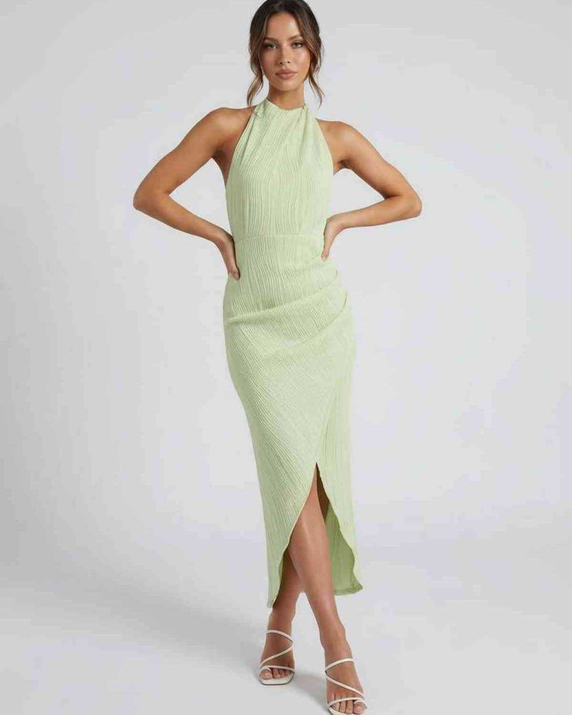 Sylva Midi Dress by Lauven, featuring unique split pleated neckline and slim maxi silhouette in pastel green.