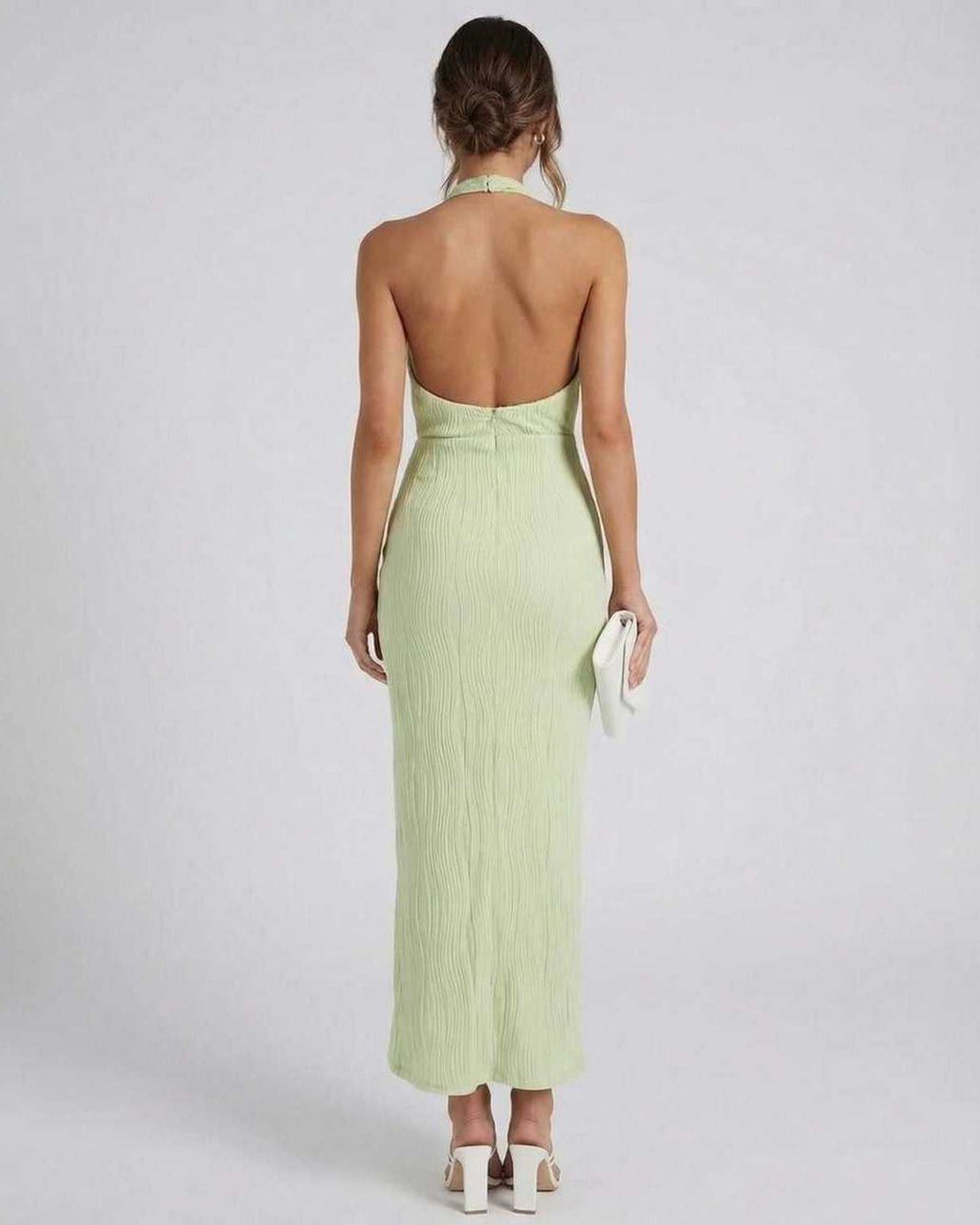 Lauven Sylva Midi Dress back view showing unique split pleated neckline and slim maxi silhouette.