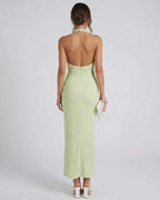 Lauven Sylva Midi Dress back view showing unique split pleated neckline and slim maxi silhouette.