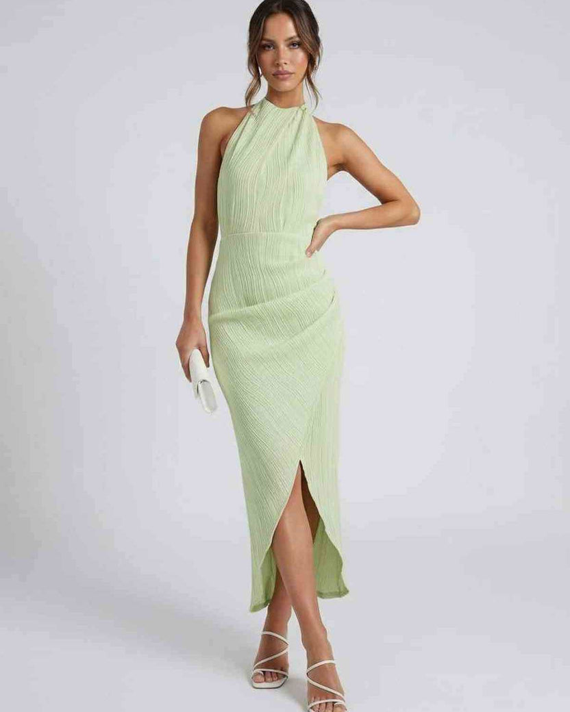 Lauven Sylva Midi Dress featuring a unique split pleated neckline in a light green color, perfect for special occasions.