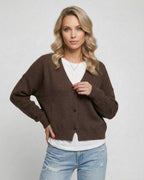 Terra Cardigan by Lauven in rich brown, perfect for stylish everyday wear with a relaxed fit.