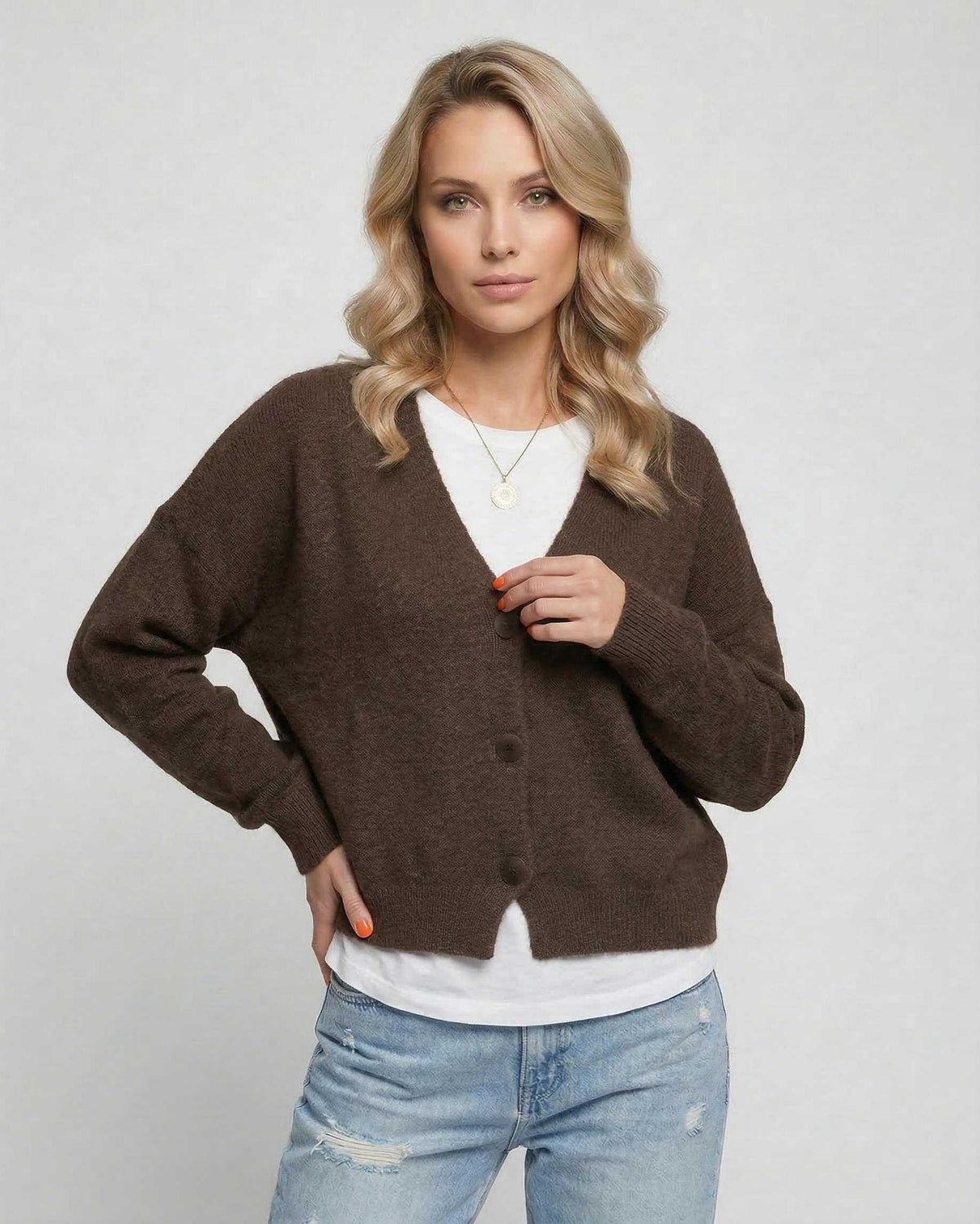 Terra Cardigan by Lauven in rich brown, perfect for stylish everyday wear with a relaxed fit.