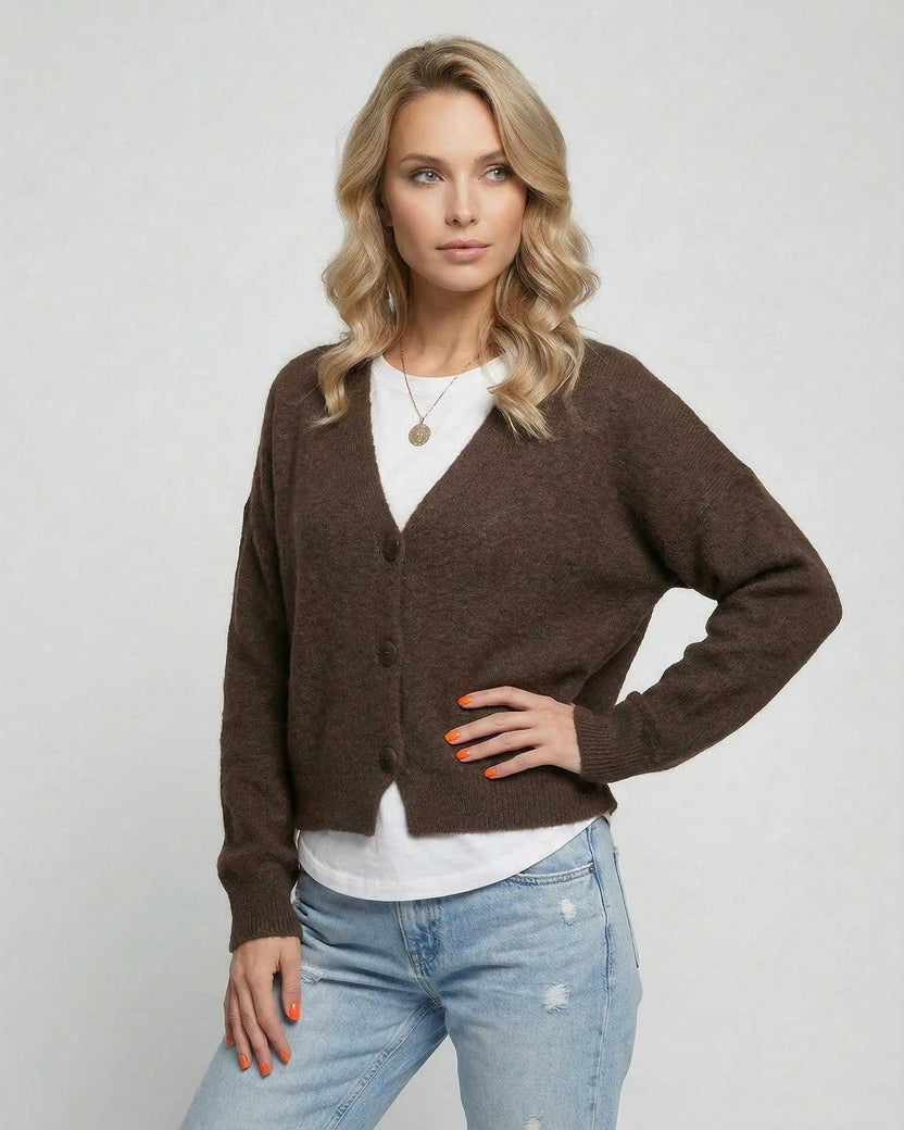 Terra Cardigan by Lauven, elegant brown knitwear for stylish everyday wear.