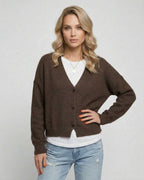 Terra Cardigan by Lauven, elegant brown knitwear model wearing relaxed fit cardigan for everyday style.