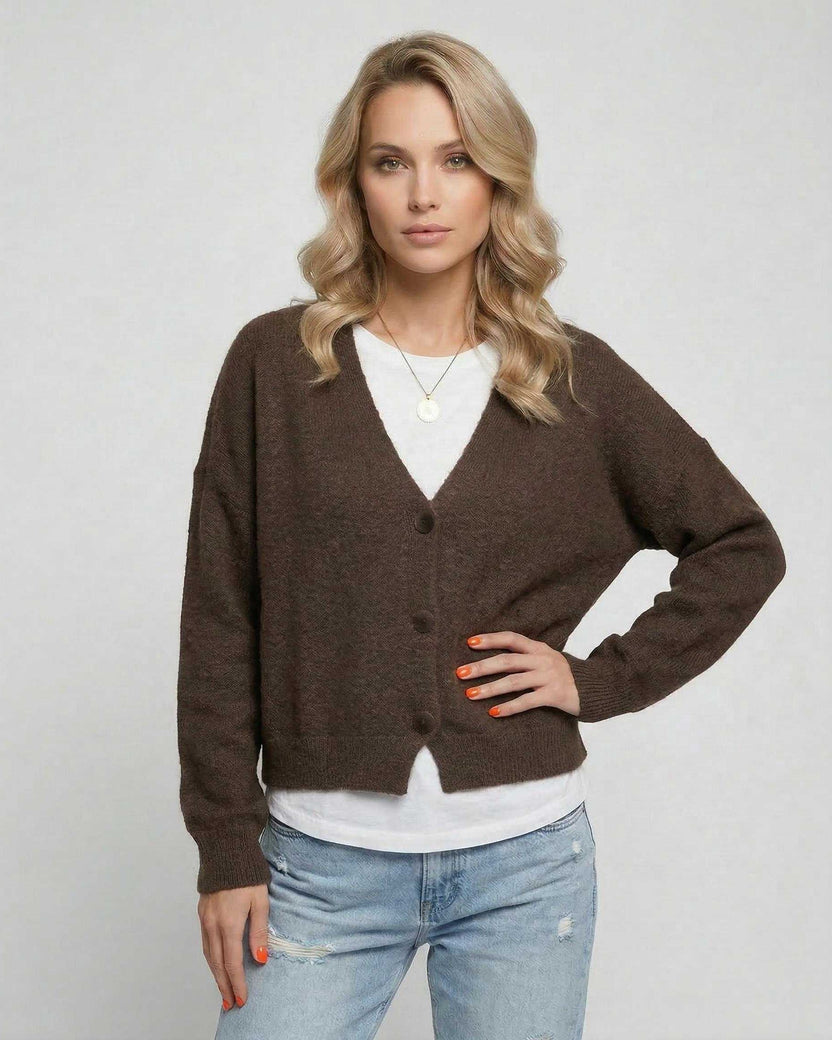Terra Cardigan by Lauven, elegant brown knitwear model wearing relaxed fit cardigan for everyday style.