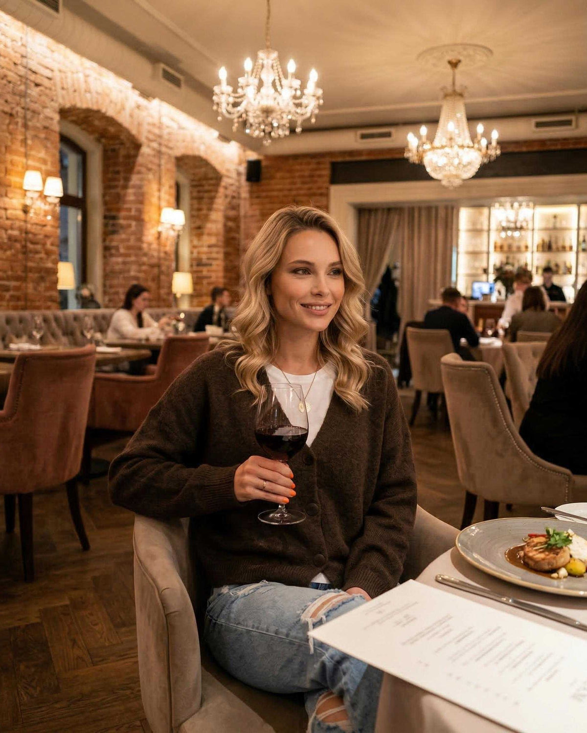 A woman wearing a Terra Cardigan by Lauven, enjoying wine in an elegant restaurant setting.