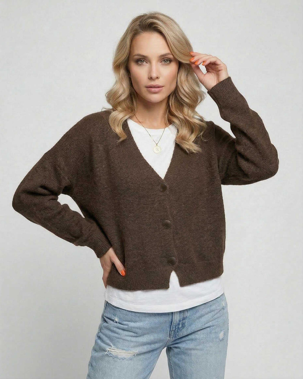 Terra Cardigan by Lauven - Elegant brown knitwear for everyday sophistication and style.