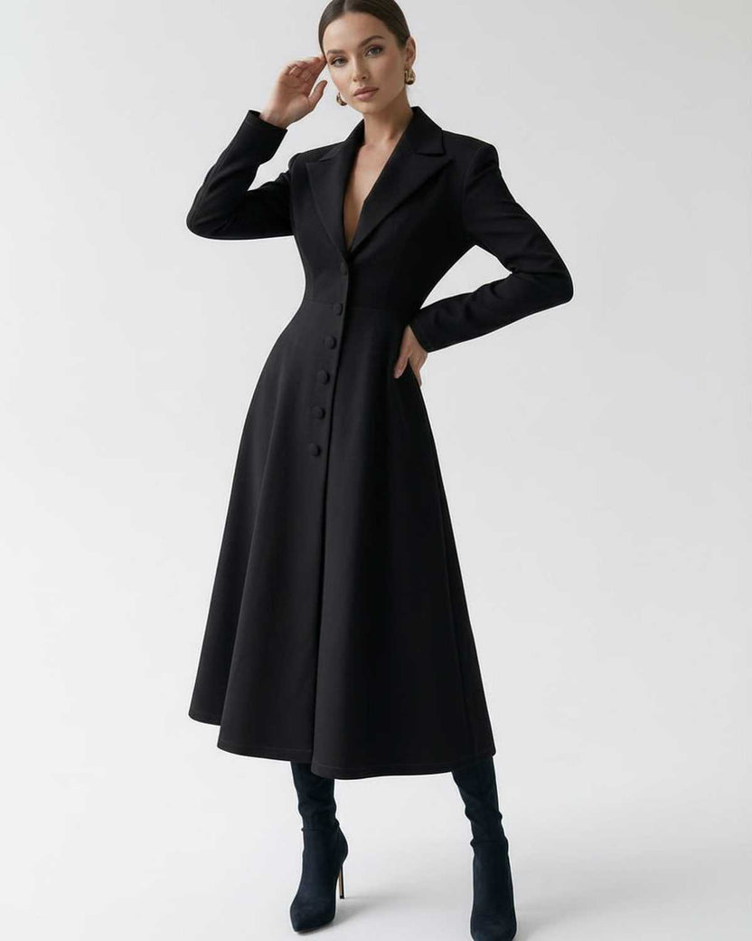 Valen Midi Dress by Lauven, black tailored A-line blazer silhouette, elegant long sleeve style for sophisticated occasions.