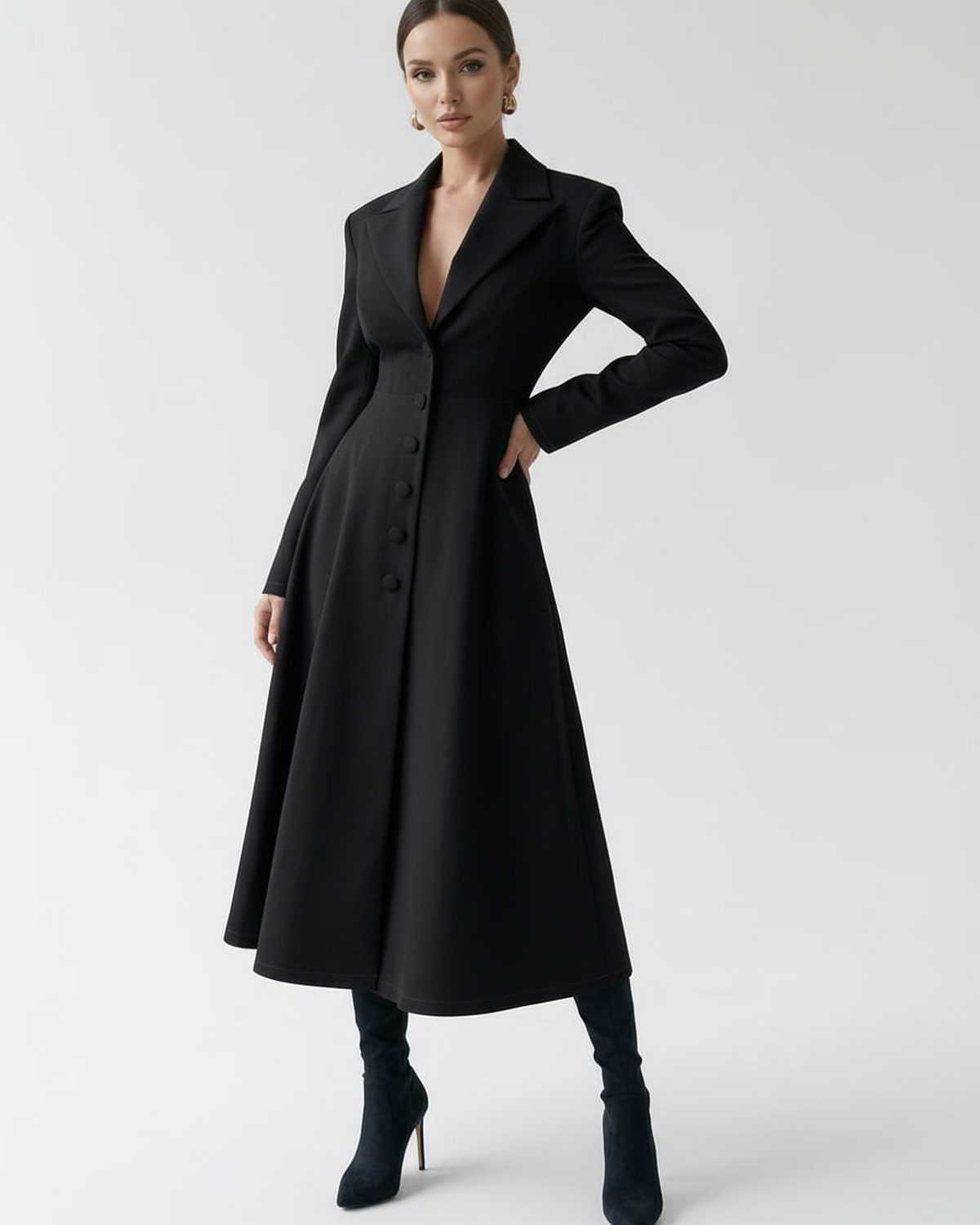 Valen Midi Dress showcasing tailored A-line silhouette and sophisticated long sleeves by Lauven.