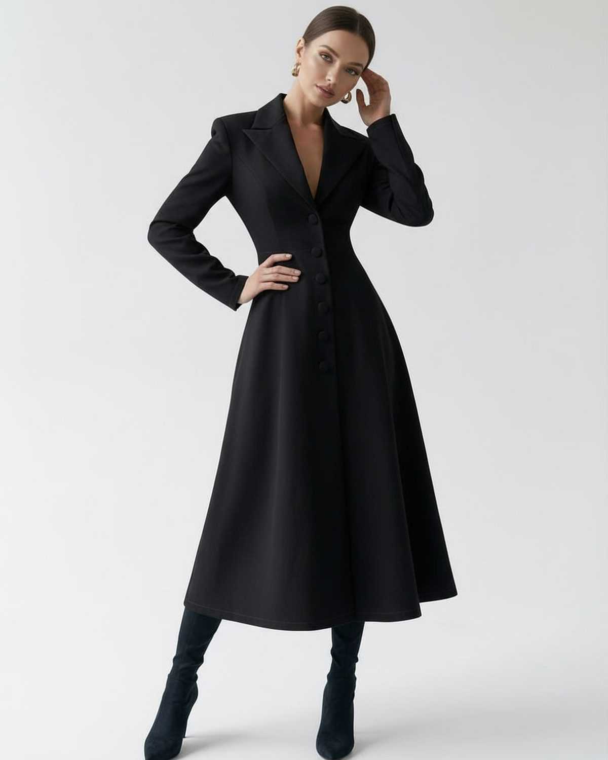 Valen Midi Dress - Black tailored A-Line blazer dress by Lauven, featuring long sleeves and a feminine silhouette.