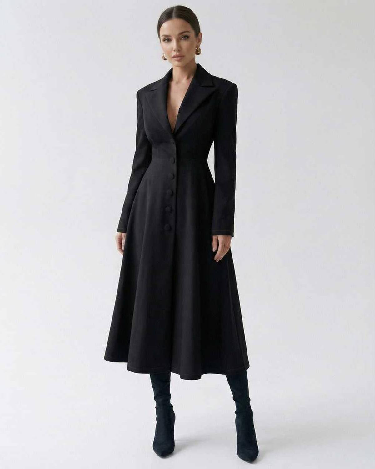 Valen Midi Dress - Tailored A-Line Blazer Dress in black, showcasing elegance and sophistication by Lauven.
