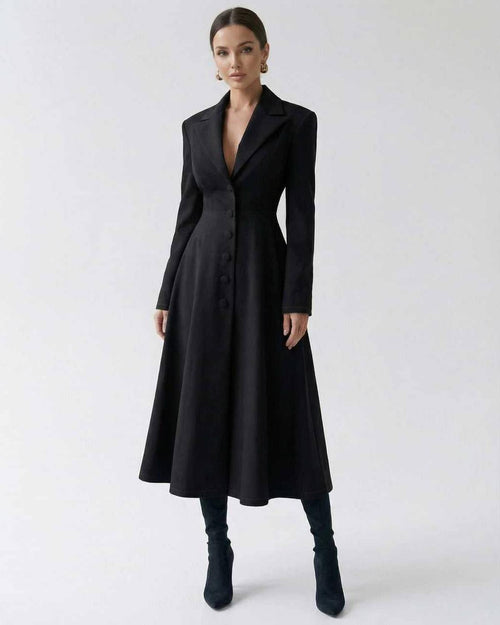 Valen Midi Dress - Tailored A-Line Blazer Dress in black, showcasing elegance and sophistication by Lauven.