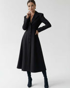 Valen Midi Dress featuring a tailored A-line blazer design, elegant black silhouette by Lauven, perfect for sophisticated occasions.