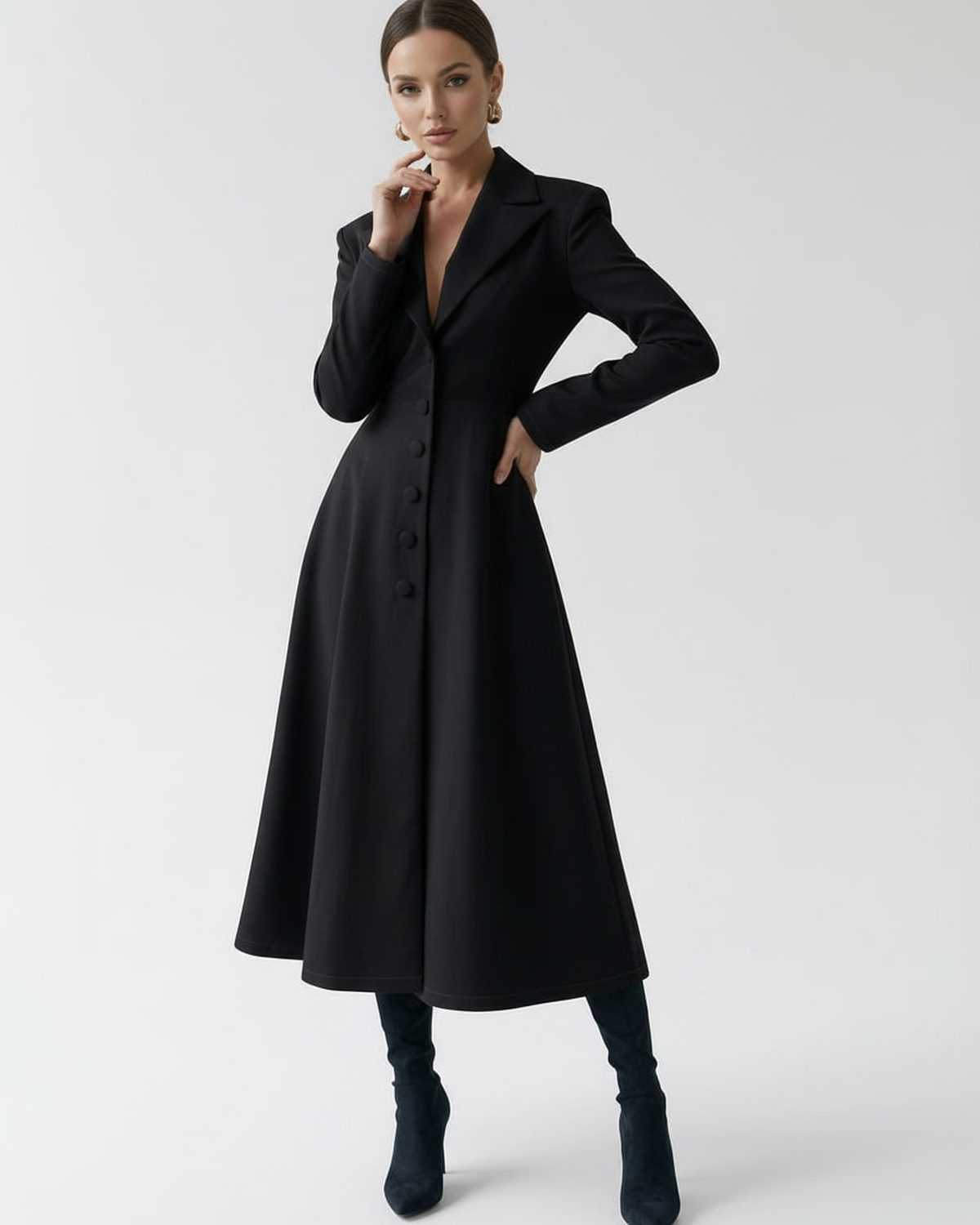 Valen Midi Dress featuring a tailored A-line blazer design, elegant black silhouette by Lauven, perfect for sophisticated occasions.