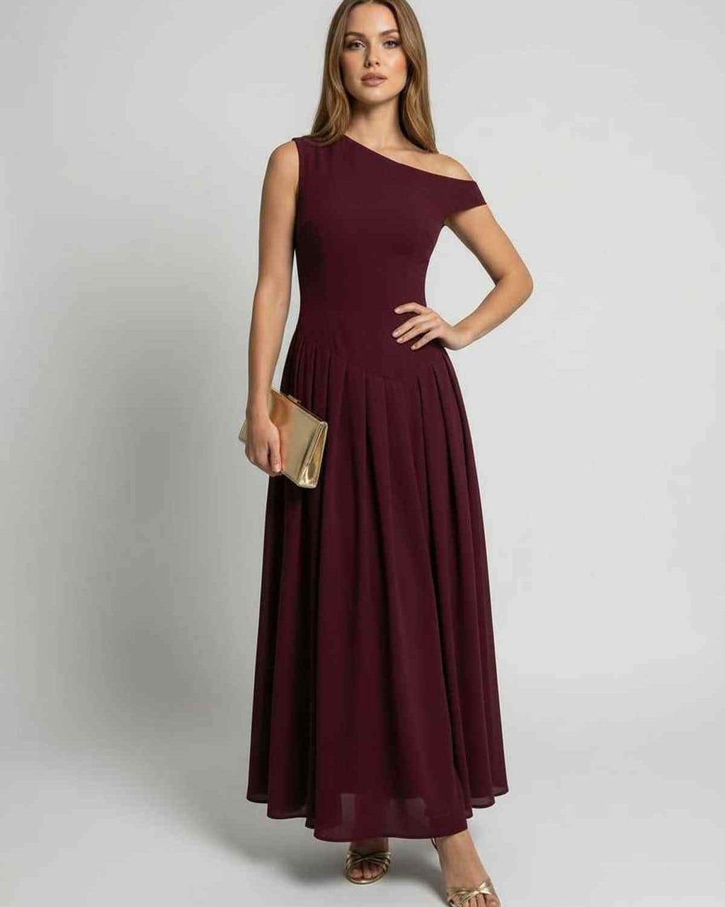 Valencia Maxi Dress - Elegant burgundy one shoulder A-line dress by Lauven, offering graceful flow and sophistication.