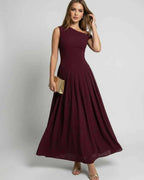 Valencia Maxi Dress burgundy one shoulder design A-line silhouette by Lauven, offering elegance and graceful movement.