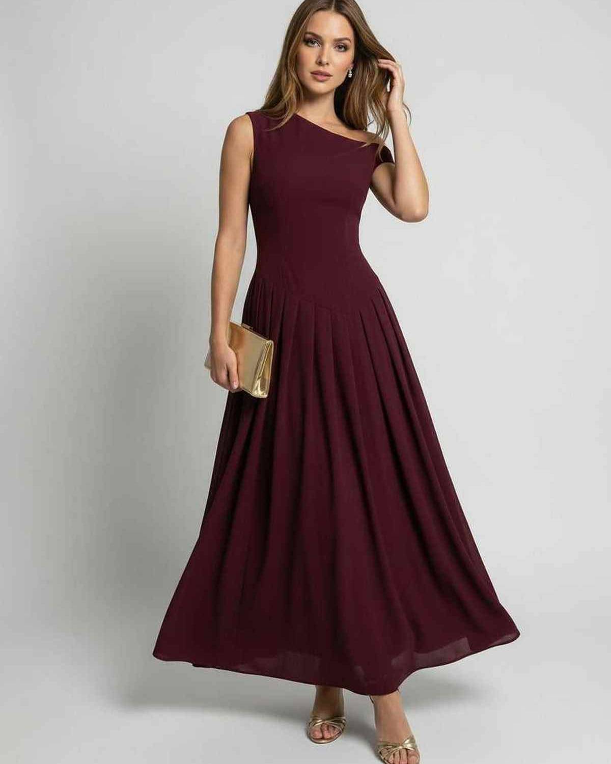 Valencia Maxi Dress burgundy one shoulder design A-line silhouette by Lauven, offering elegance and graceful movement.