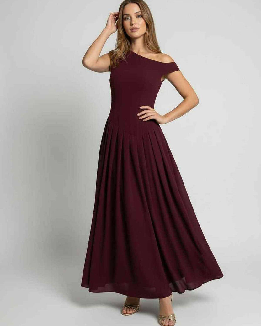 Valencia Maxi Dress featuring an A-line silhouette in burgundy, one shoulder design by Lauven for an elegant evening look.