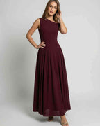 Valencia Maxi Dress in burgundy, A-line silhouette, one shoulder dress by Lauven, elegant evening wear.