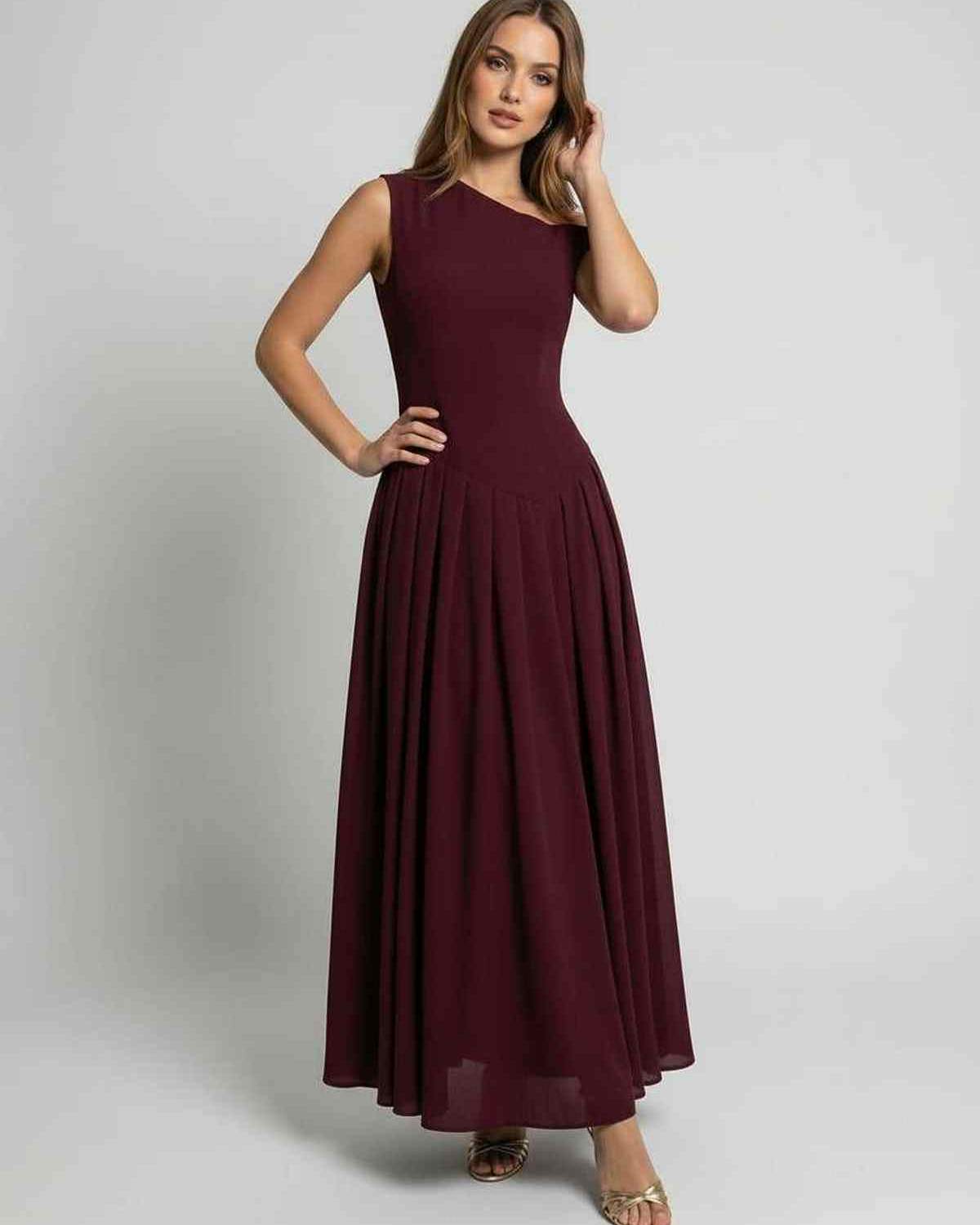Valencia Maxi Dress in burgundy, A-line silhouette, one shoulder dress by Lauven, elegant evening wear.