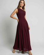 Valencia Maxi Dress – Burgundy One Shoulder A-Line Dress by Lauven, elegant silhouette with graceful movement.