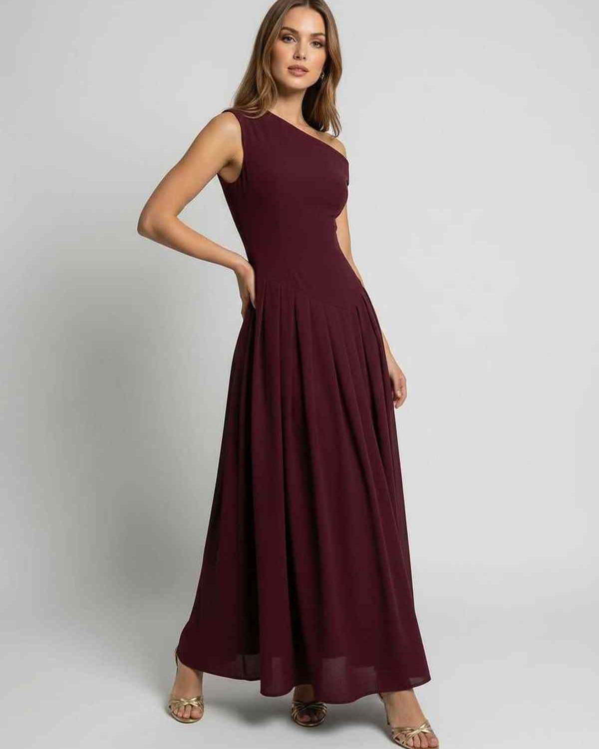 Valencia Maxi Dress – Burgundy One Shoulder A-Line Dress by Lauven, elegant silhouette with graceful movement.