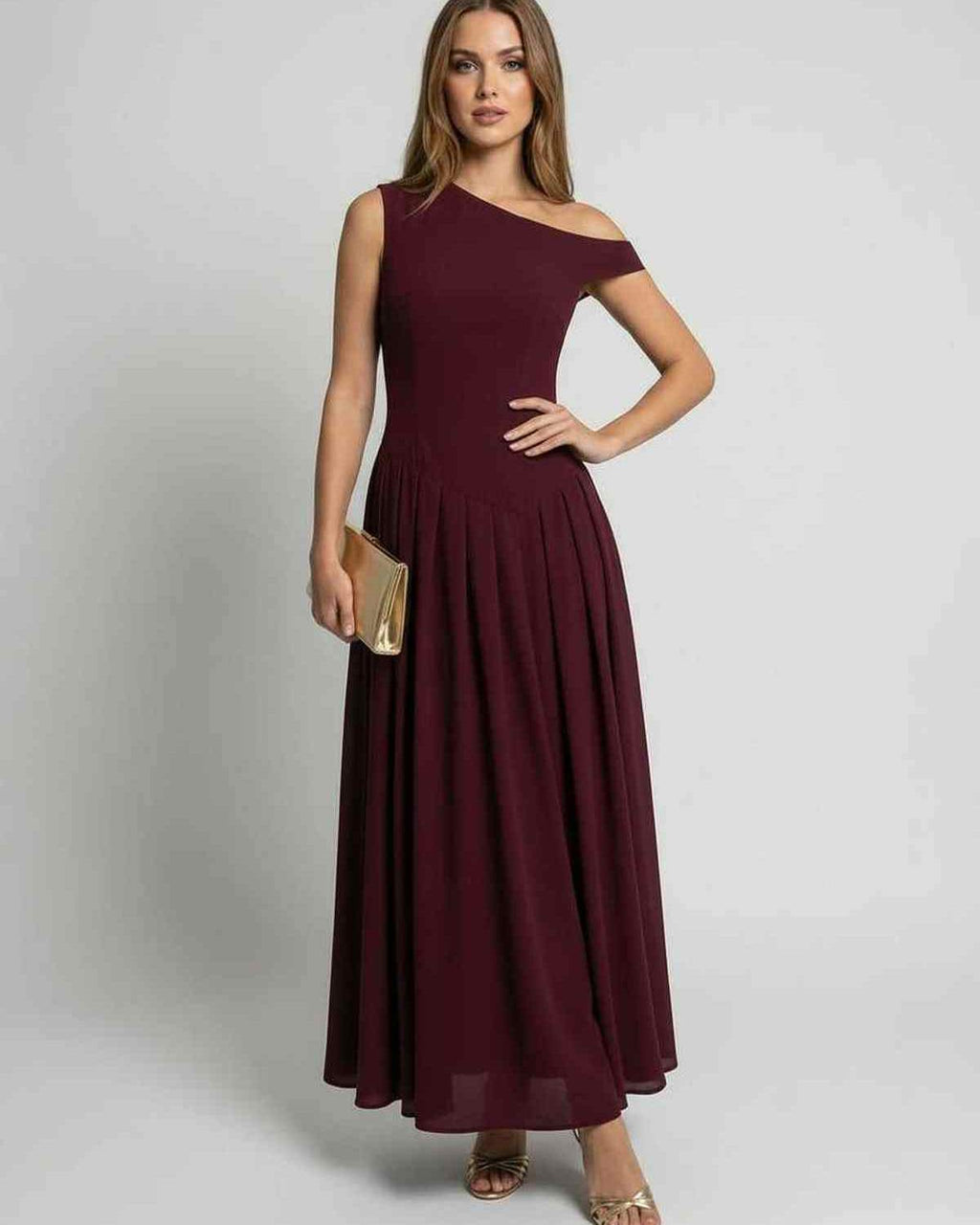 Valencia Maxi Dress - Burgundy one shoulder A-line dress by Lauven, offering elegant flow and polished drape.