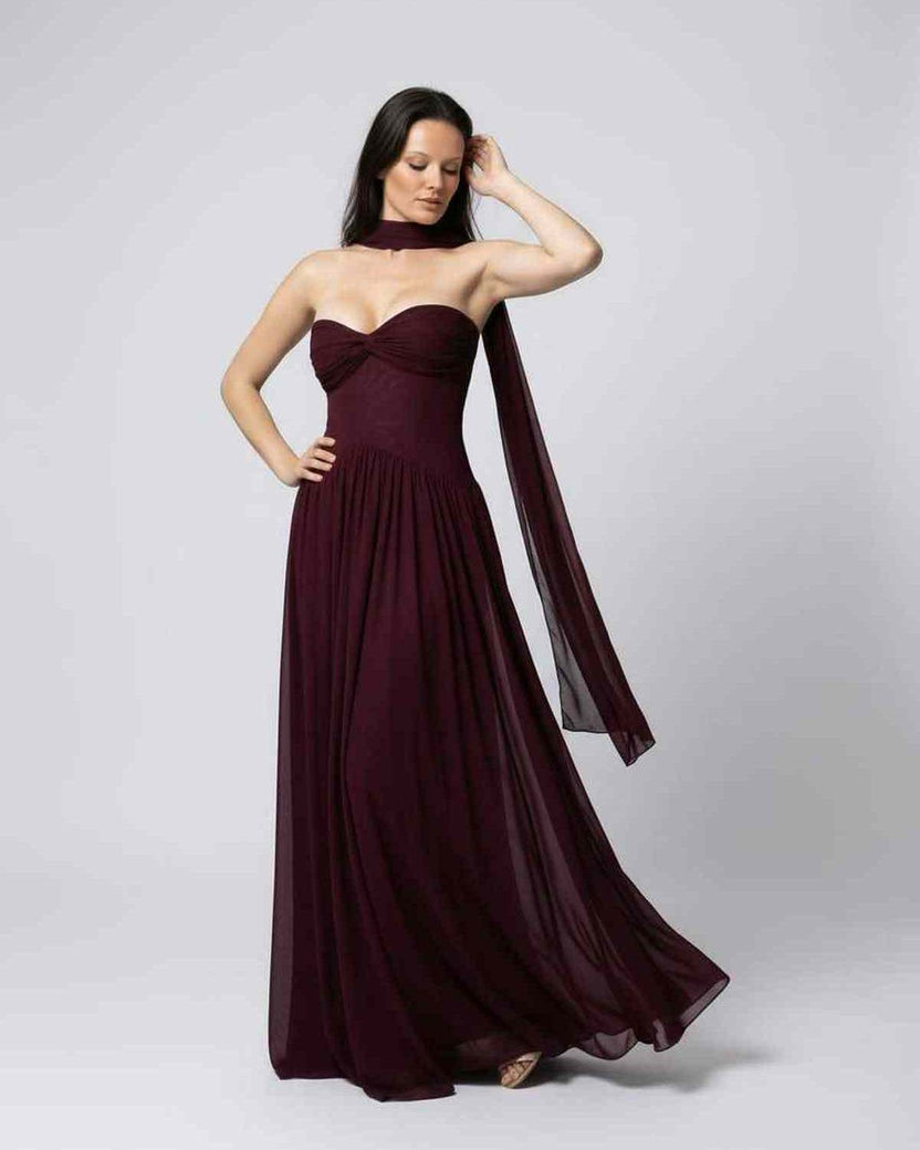 Valencia Maxi Dress - elegant burgundy strapless dress with flowing skirt and lightweight fabric by Lauven.