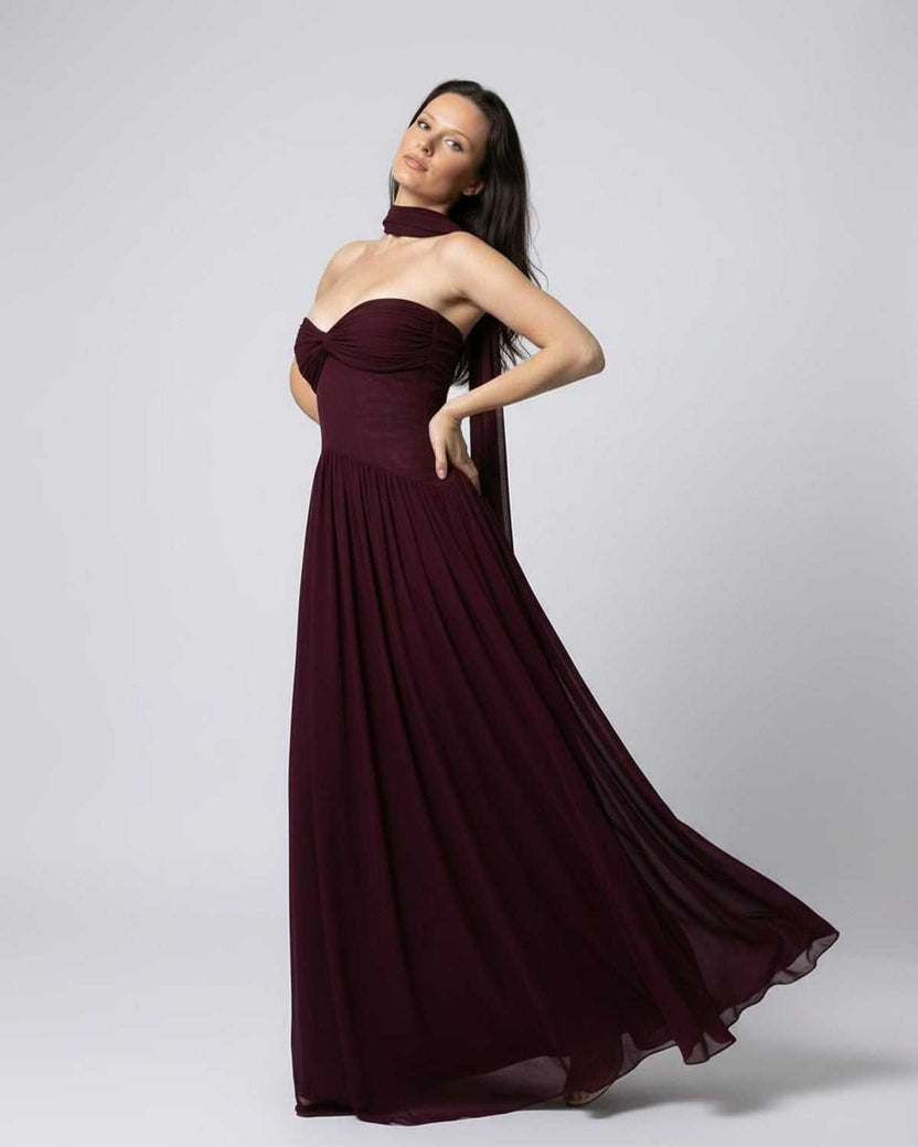 Valencia Maxi Dress - Elegant burgundy strapless maxi dress by Lauven with flowing skirt and structured bodice.