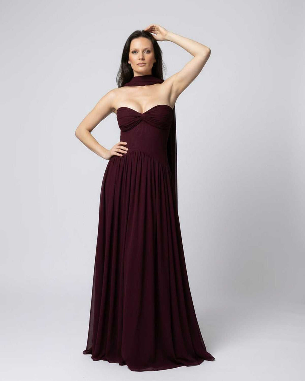 Valencia Maxi Dress, burgundy strapless, elegant flowing silhouette, Lauven brand, lightweight & refined design.