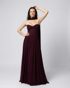 Valencia Maxi Dress, burgundy strapless, elegant flowing silhouette, Lauven brand, lightweight & refined design.