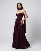 Valencia Maxi Dress, burgundy strapless design, elegant flowing silhouette, by Lauven.