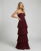 Valencia Maxi Dress by Lauven - Burgundy strapless pleated chiffon gown with flowing tiered silhouette.
