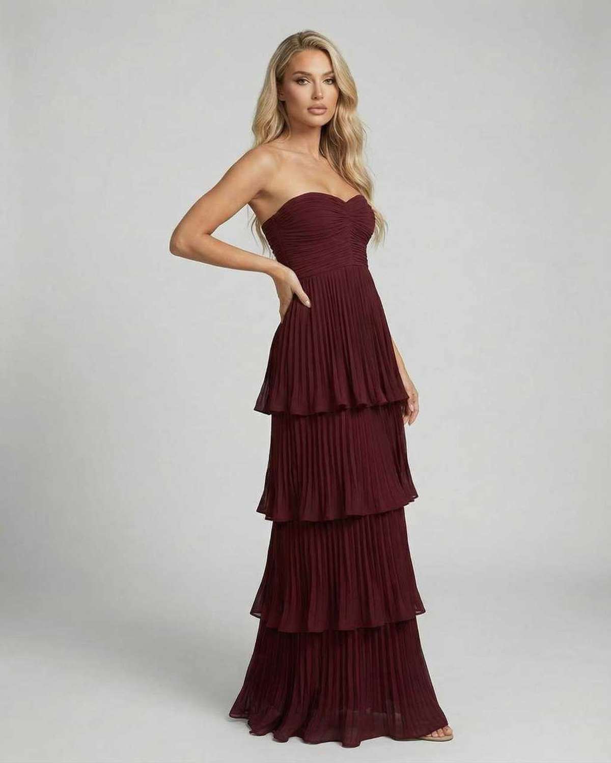 Valencia Maxi Dress by Lauven - Burgundy strapless pleated chiffon gown with flowing tiered silhouette.